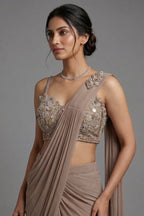 Taupe Pre-Draped Saree with Embellished Blouse