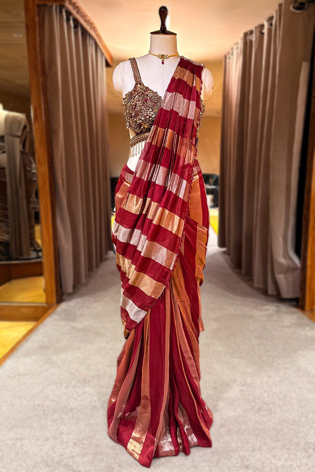Maroon and Gold Striped Readymade Saree with Heavily Embellished Blouse