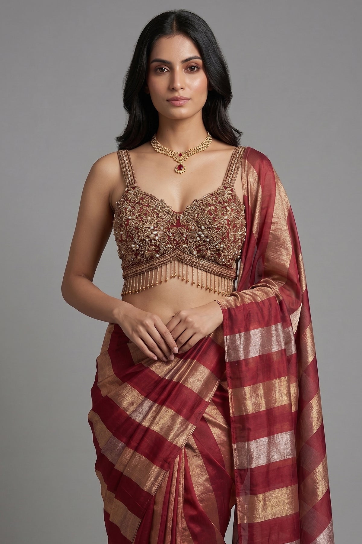 Maroon and Gold Striped Readymade Saree with Heavily Embellished Blouse