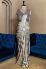 Silver Metallic Pre-Draped Saree with Embellished Blouse