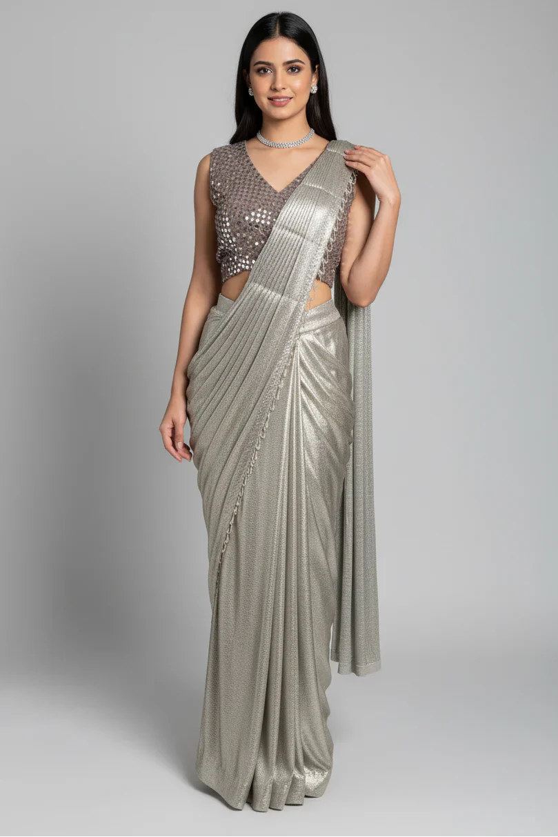 Silver Metallic Pre-Draped Saree with Embellished Blouse