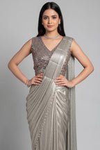 Silver Metallic Pre-Draped Saree with Embellished Blouse