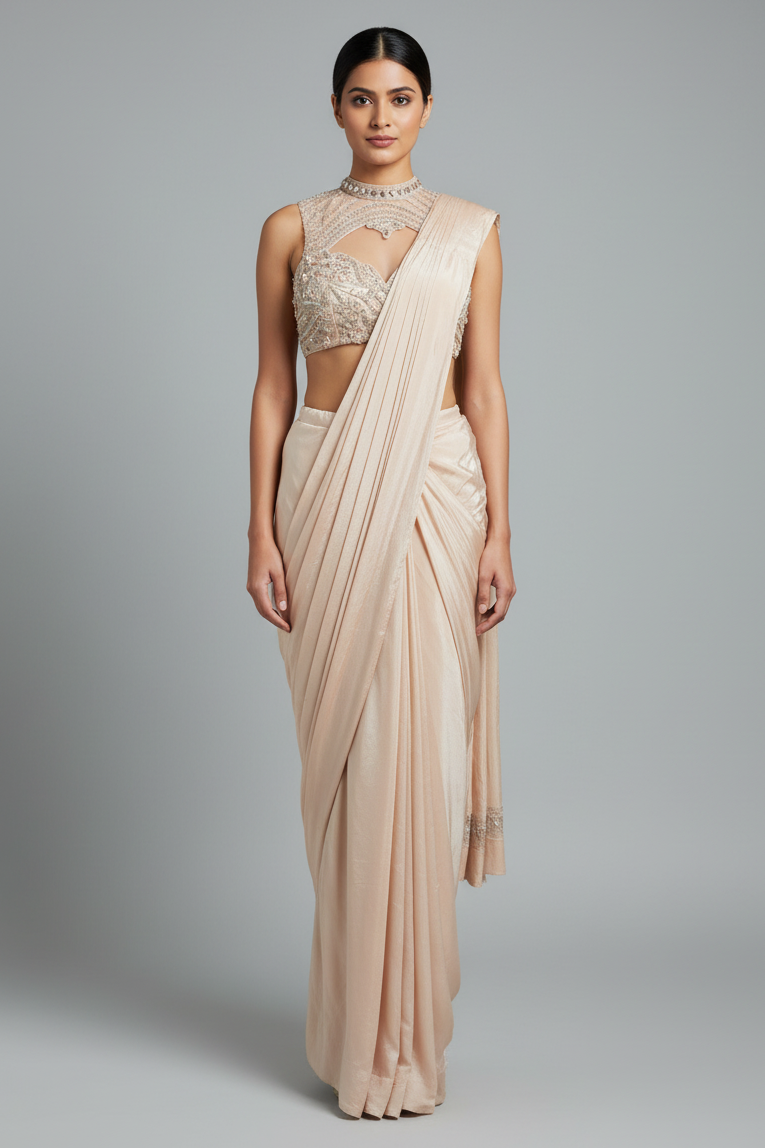 Blush Pink Organza Pre-Draped Saree with Embellished Blouse