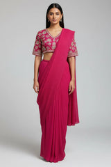 Pink Pre-Draped Saree with Embellished Floral Blouse