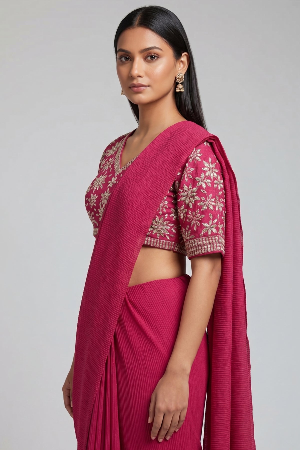 Pink Pre-Draped Saree with Embellished Floral Blouse