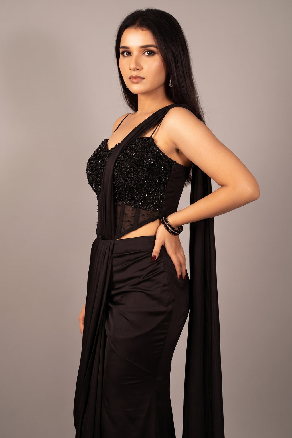 Black Satin Pre Draped Palazzo Saree with Pearl Work Corset Blouse
