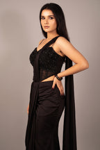 Black Satin Pre Draped Palazzo Saree with Pearl Work Corset Blouse