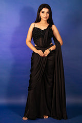 Black Satin Pre Draped Palazzo Saree with Pearl Work Corset Blouse