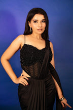 Black Satin Pre Draped Palazzo Saree with Pearl Work Corset Blouse