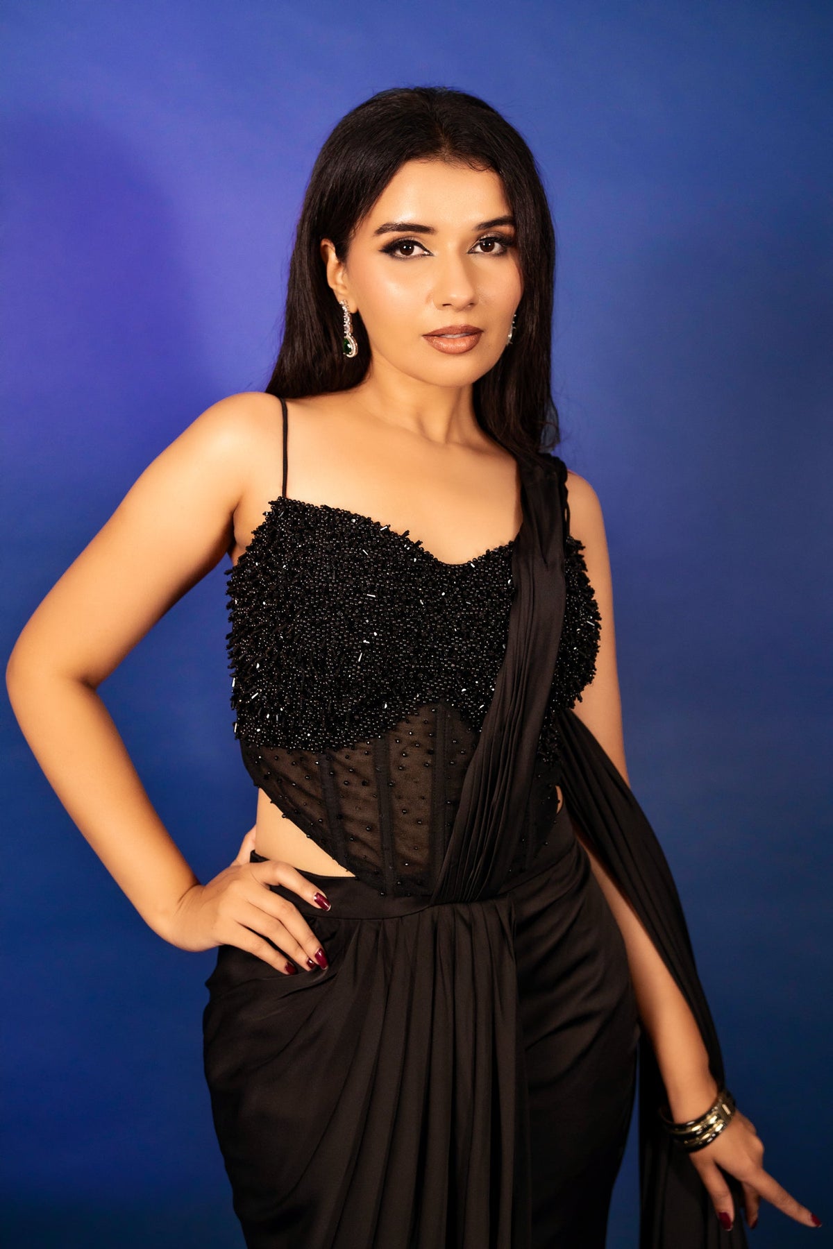 Black Satin Pre Draped Palazzo Saree with Pearl Work Corset Blouse
