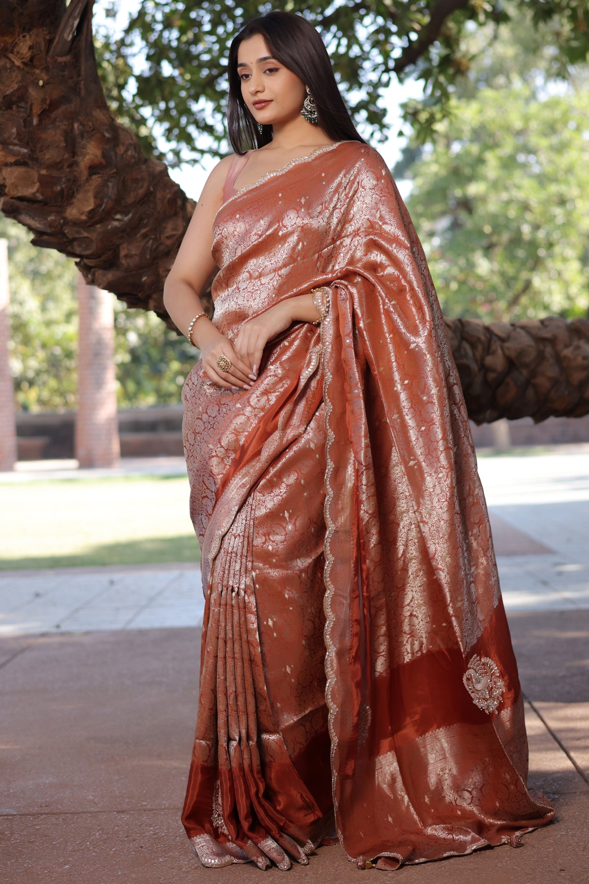 Orange Dola Silk Weaving Scallop Border Saree with Sequin Embroidered Butta