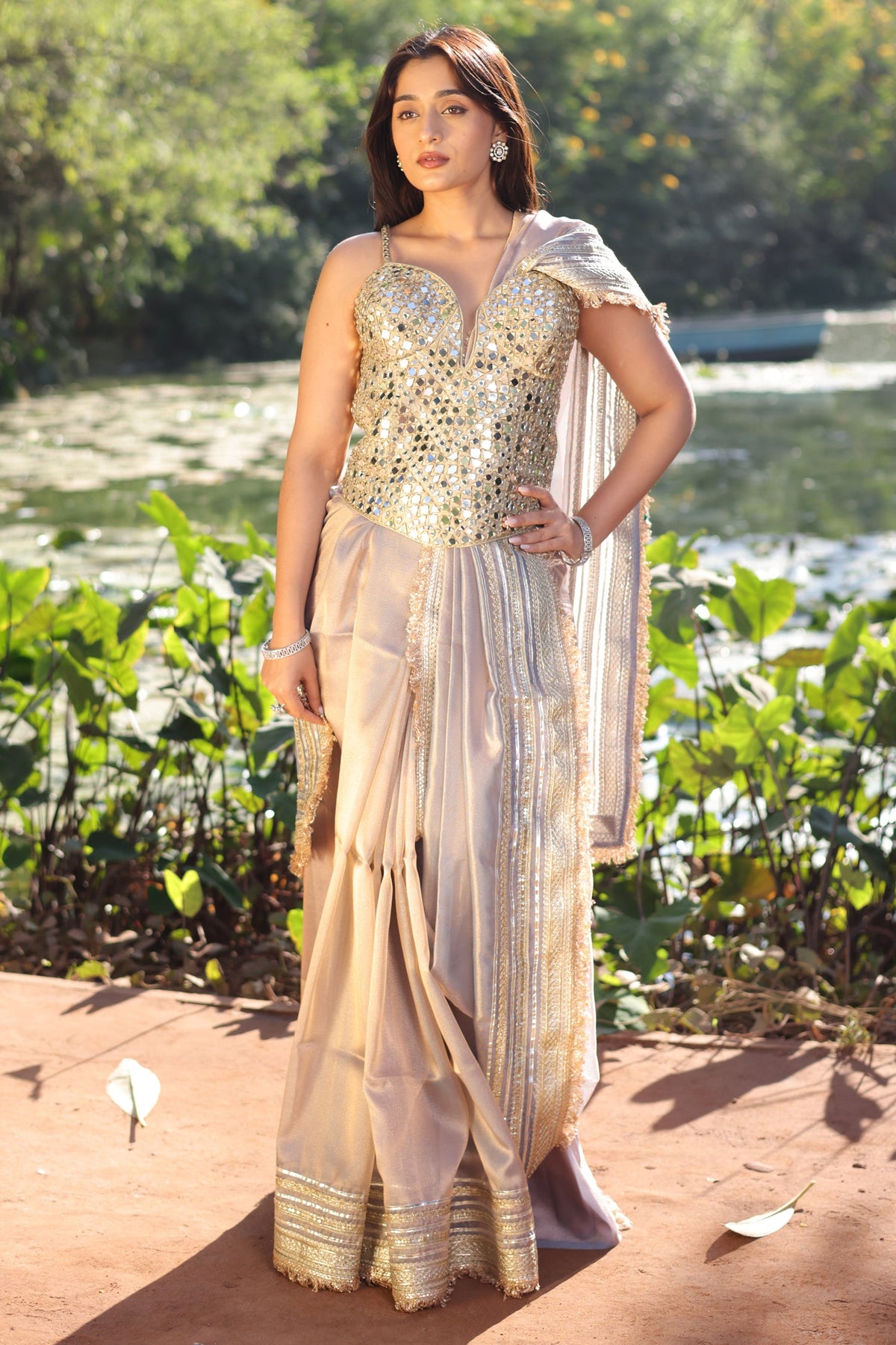 Beige Organza Tissue Saree with Kiran Lace Border