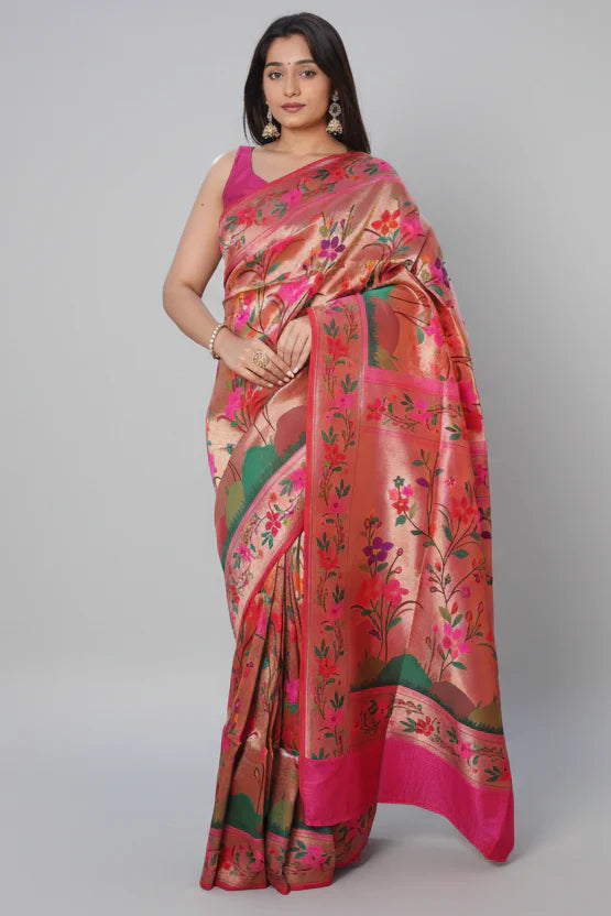 Golden and Pink Traditional Paithani Saree