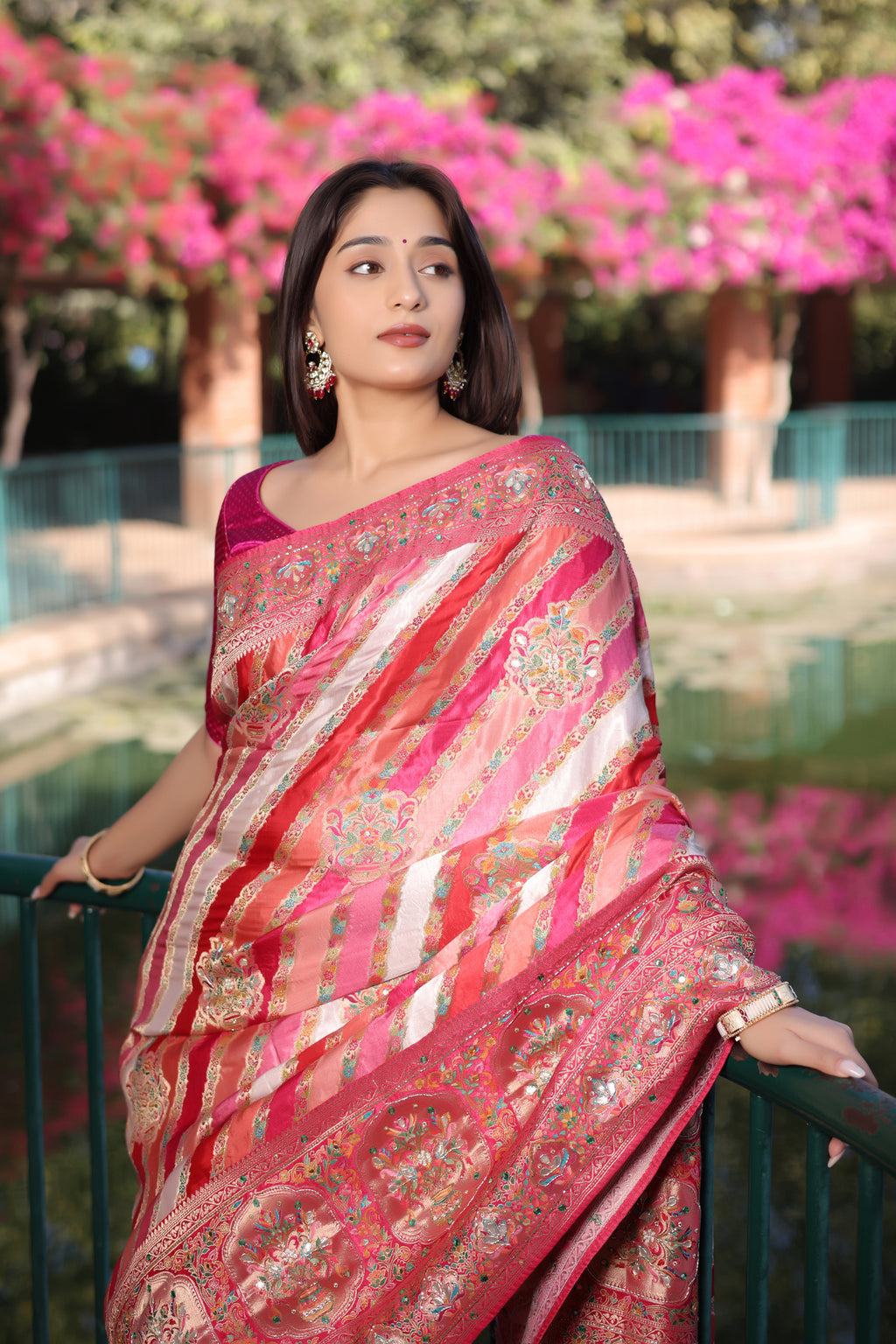 Multi Colored Modal Silk Weaving Stripes Saree with Gota and Cutdana Work