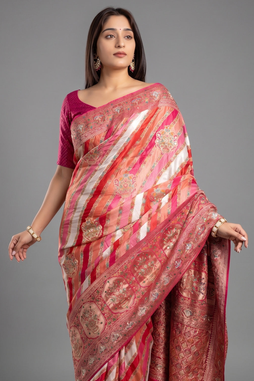 Multi Colored Modal Silk Weaving Stripes Saree with Gota and Cutdana Work