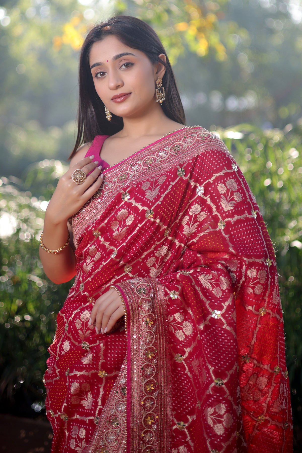 Pink Georgette Floral Woven Checks Saree with Sequin Beaded Work