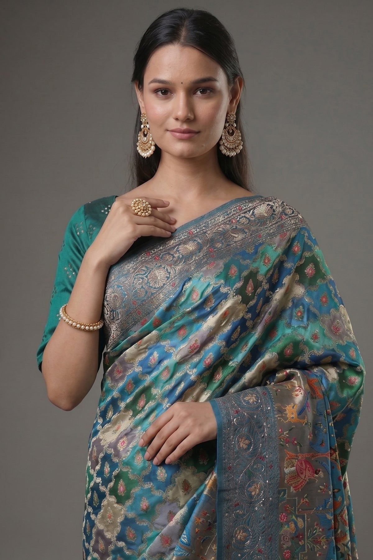 Blue and Multi Colored Modal Silk Woven Saree with Gota and Applique Work