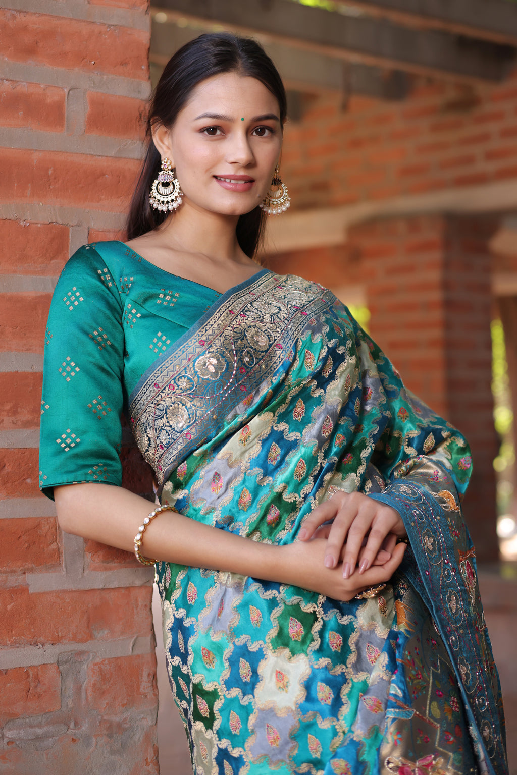 Blue and Multi Colored Modal Silk Woven Saree with Gota and Applique Work
