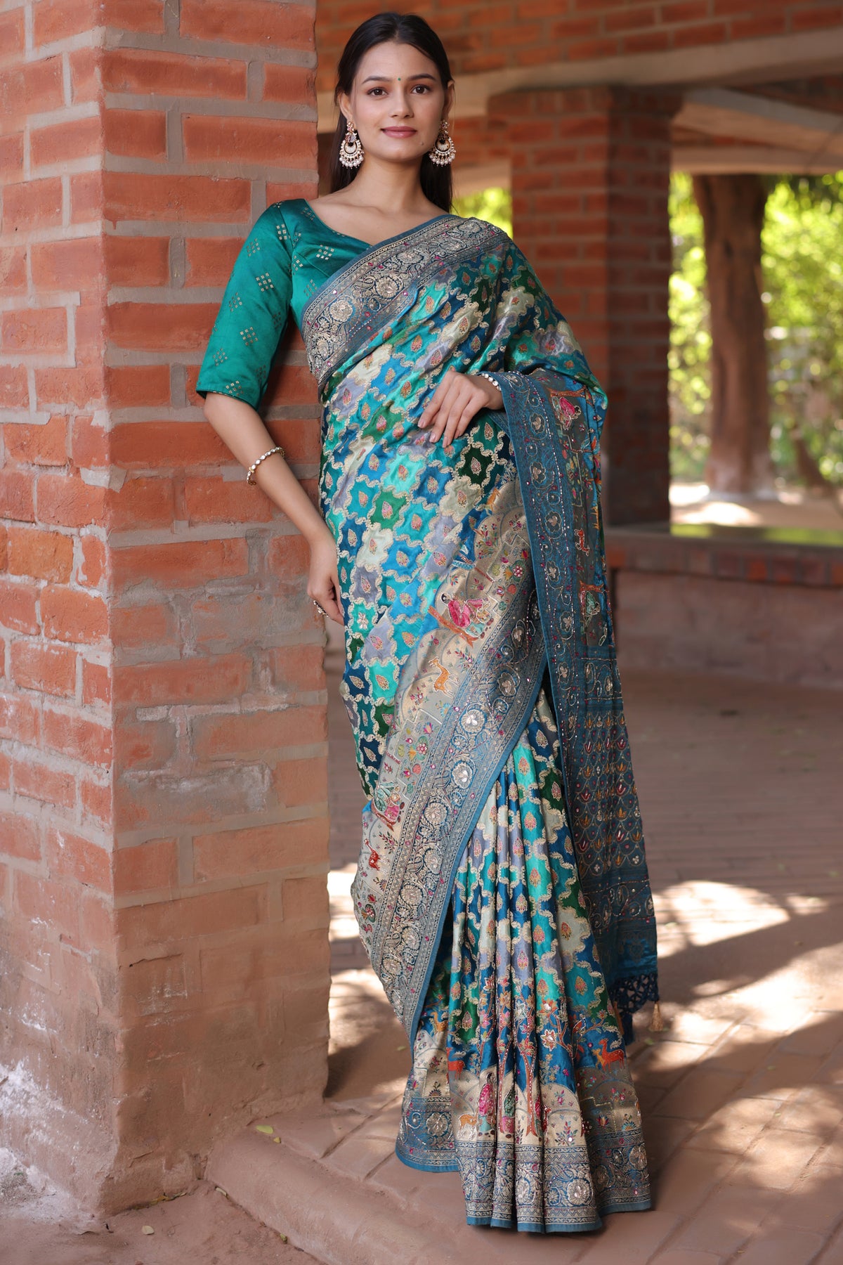 Blue and Multi Colored Modal Silk Woven Saree with Gota and Applique Work