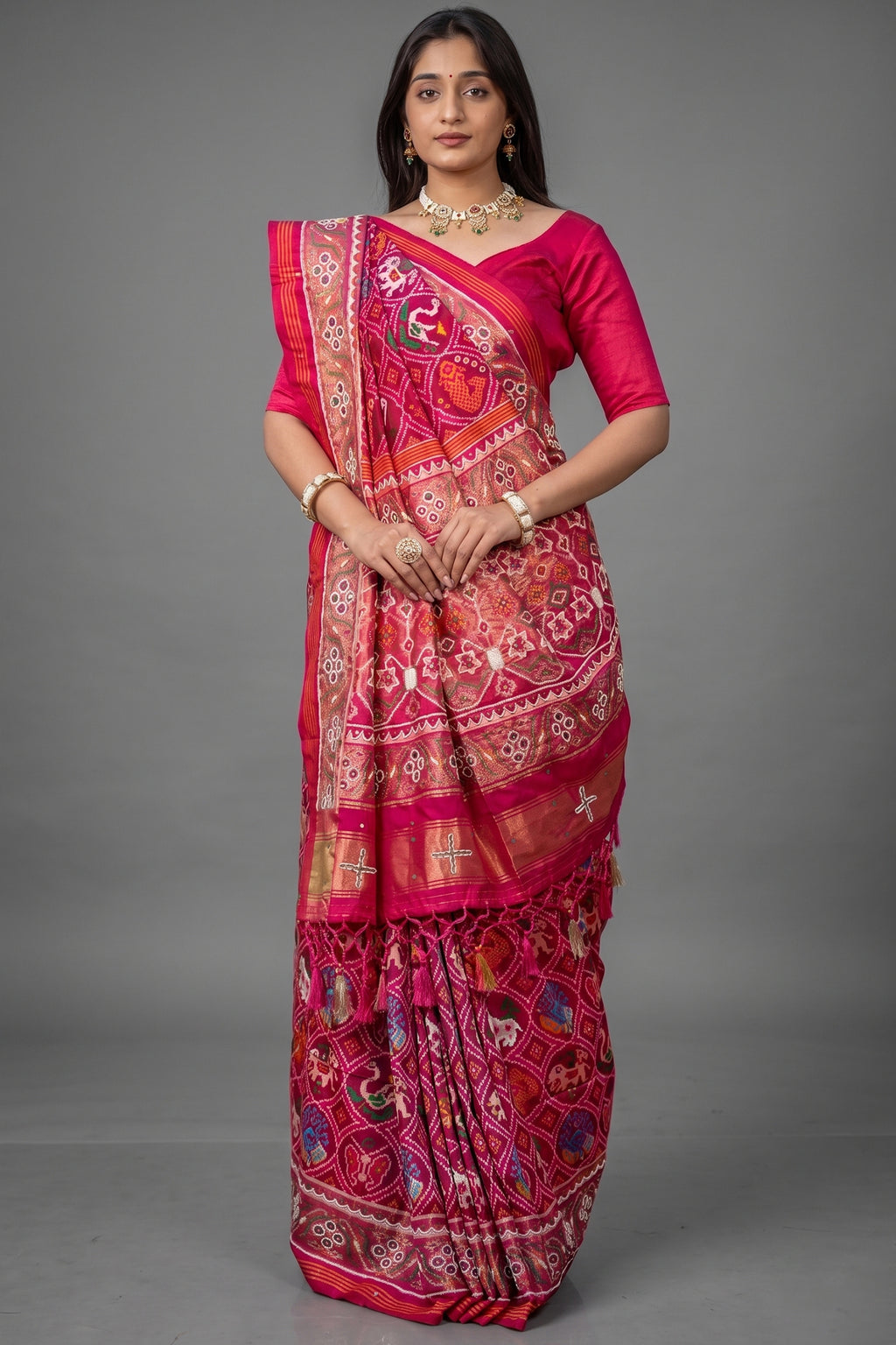 Pink Silk Traditional Patola Saree with Bead Work