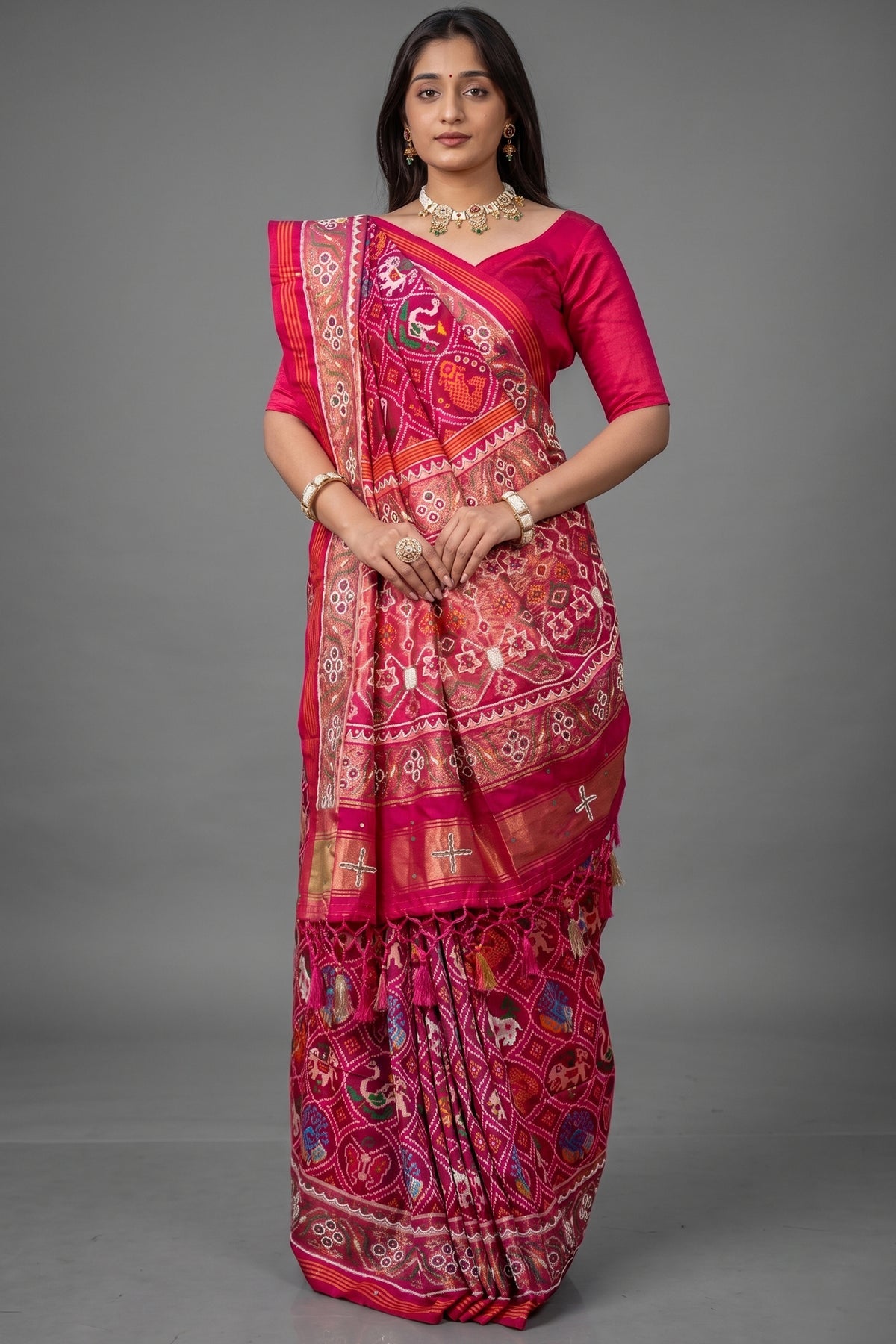 Pink Silk Traditional Patola Saree with Bead Work
