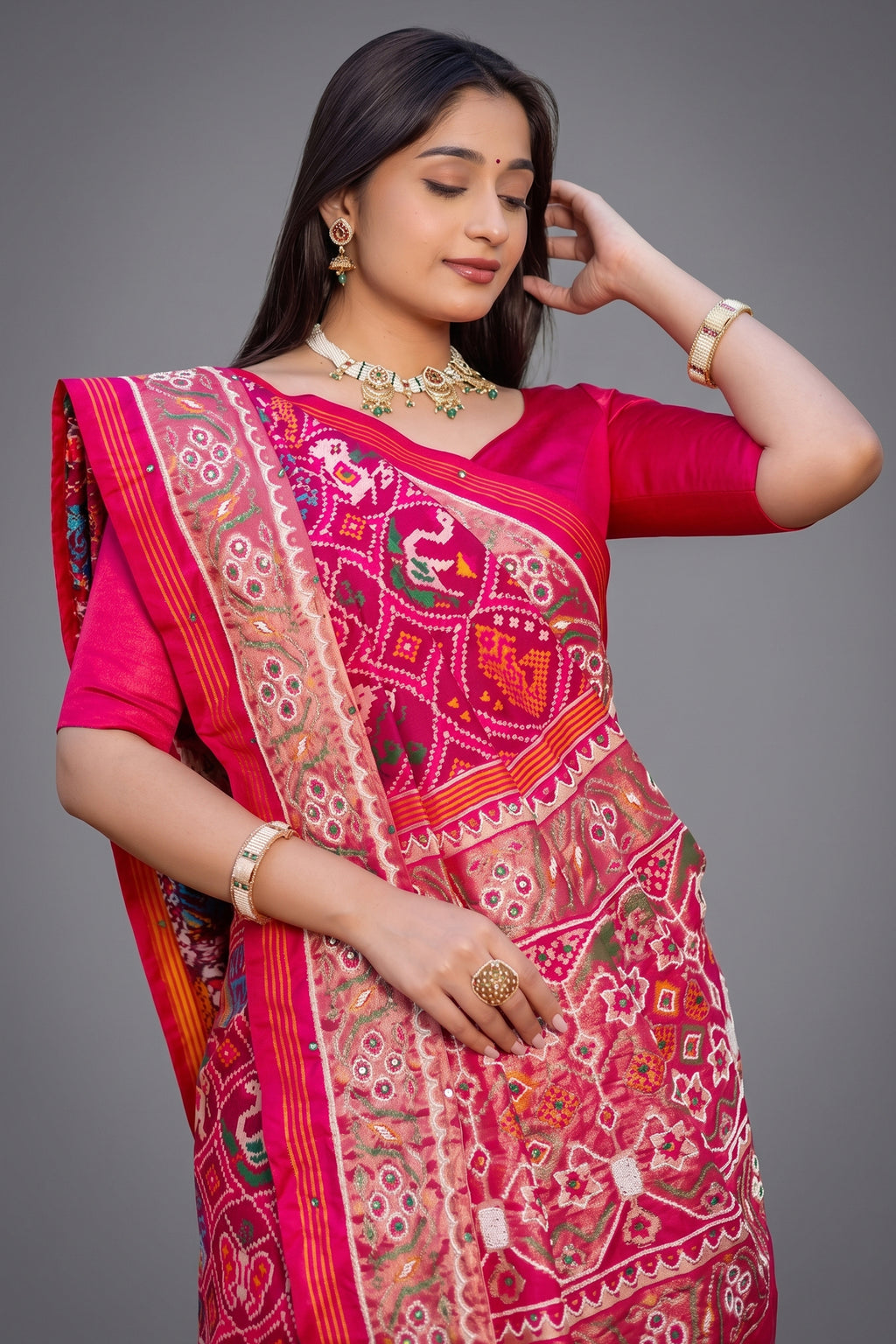 Pink Silk Traditional Patola Saree with Bead Work