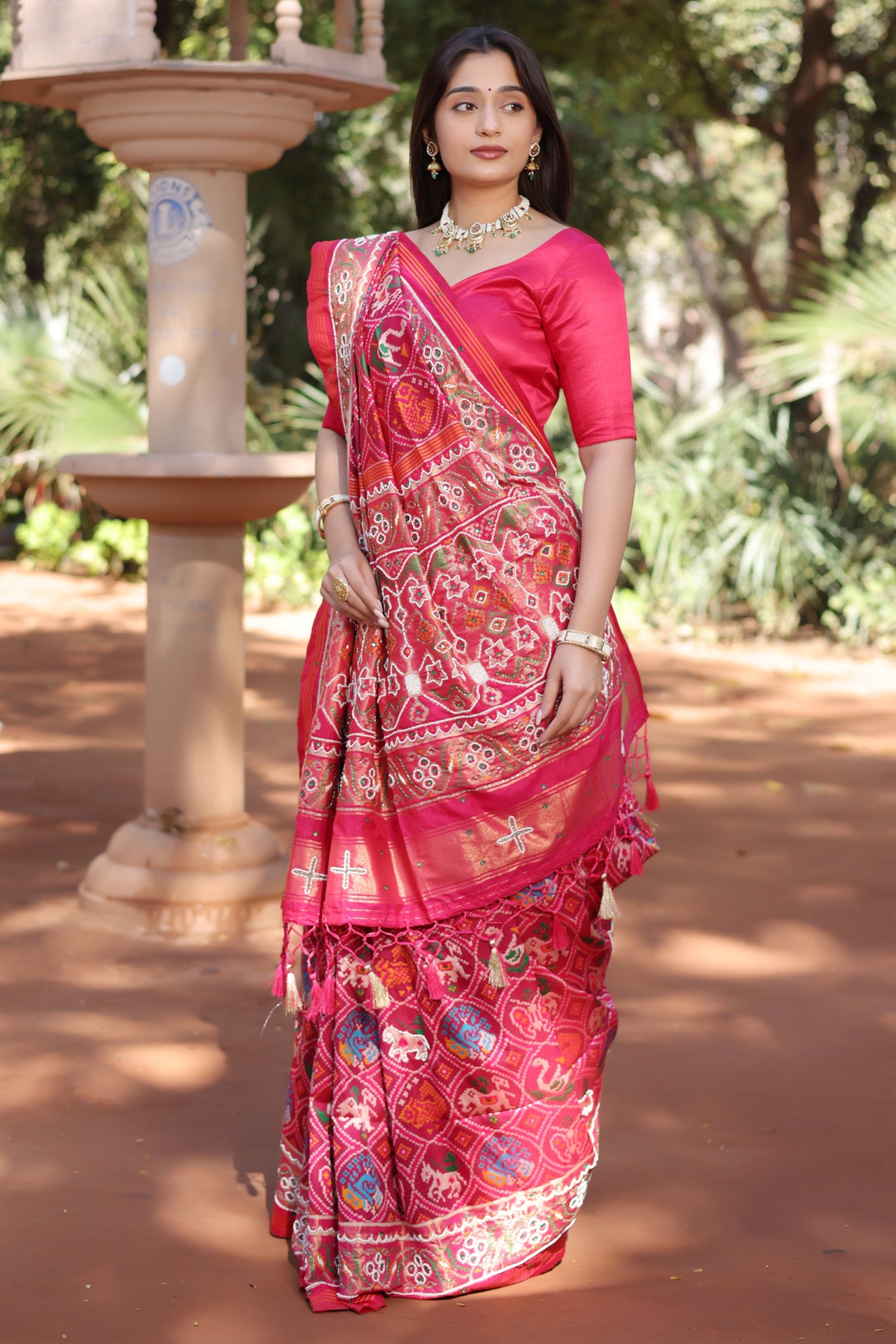 Pink Silk Traditional Patola Saree with Bead Work