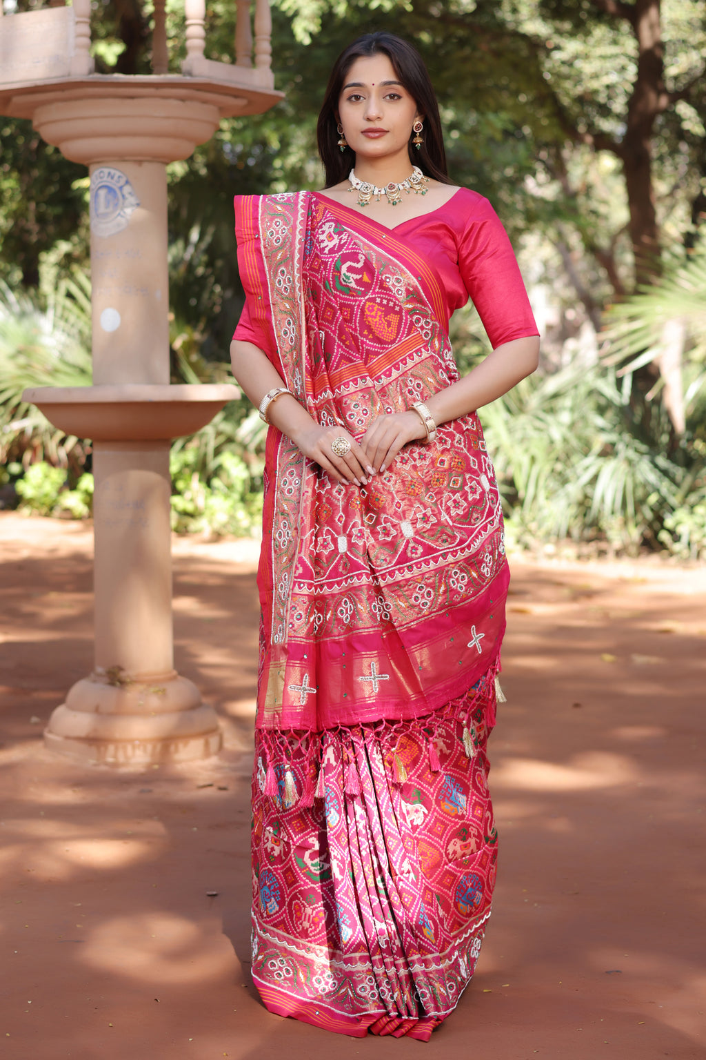 Pink Silk Traditional Patola Saree with Bead Work