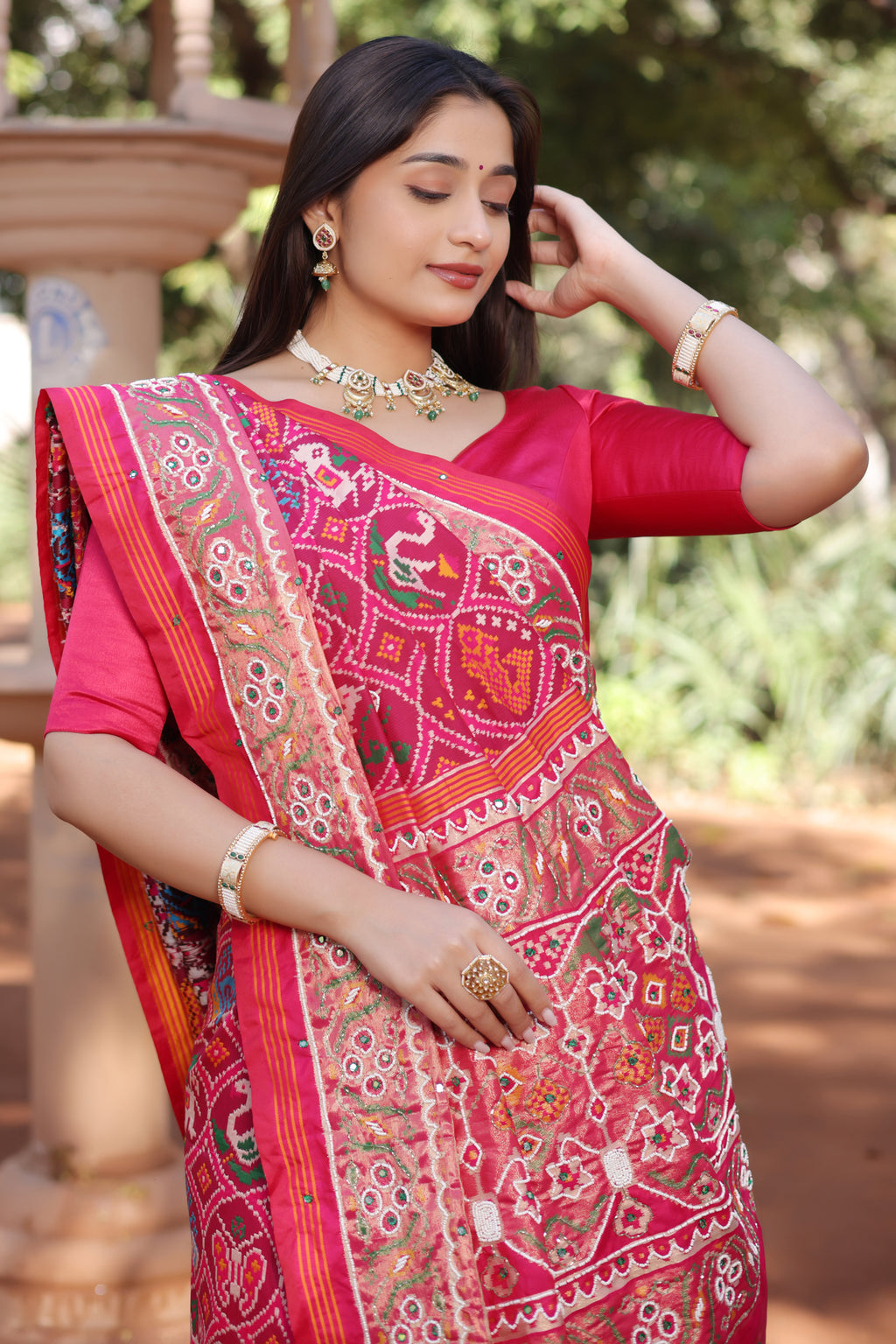 Pink Silk Traditional Patola Saree with Bead Work