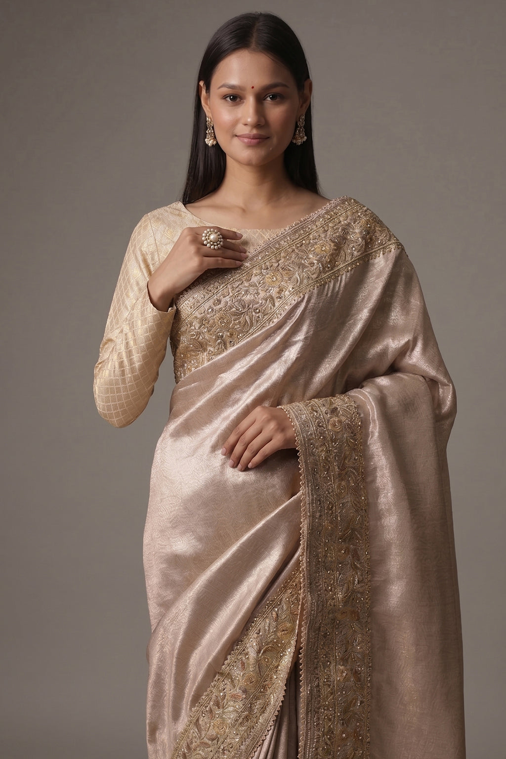 Peach Dola Silk Saree with Sequin Embroidery Border