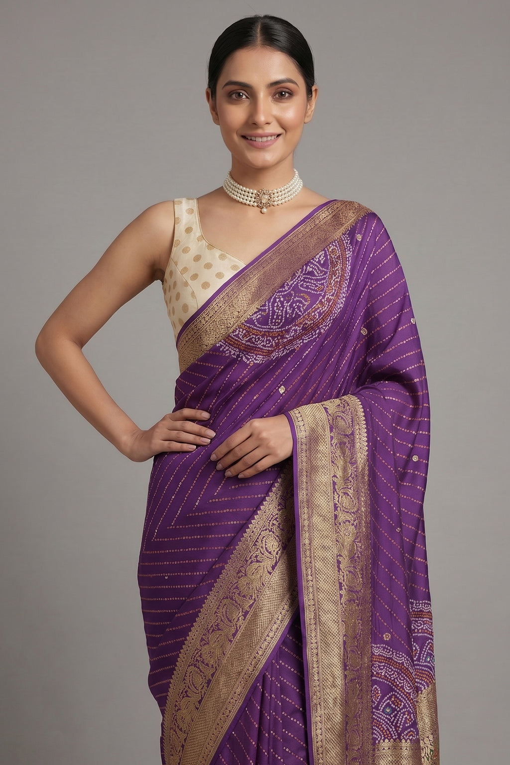 Purple Georgette Printed Saree with Woven and Cutdana Worked Pallu