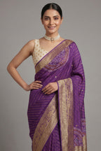 Purple Georgette Printed Saree with Woven and Cutdana Worked Pallu