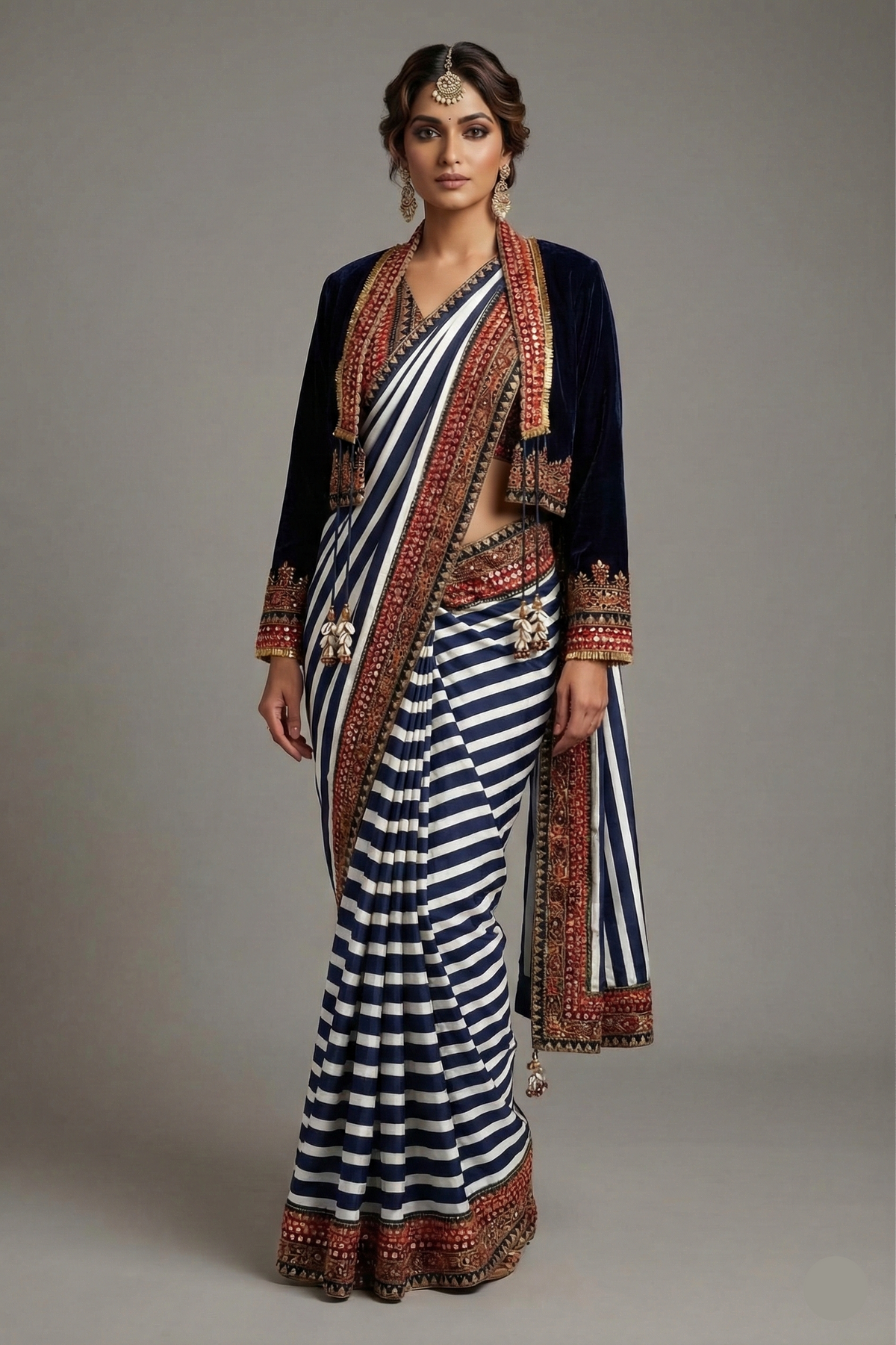 Pearl White Crepe Silk Stripes Printed Pre Draped Saree with Jacket