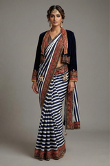 Pearl White Crepe Silk Stripes Printed Pre Draped Saree with Jacket