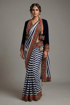 Pearl White Crepe Silk Stripes Printed Pre Draped Saree with Jacket