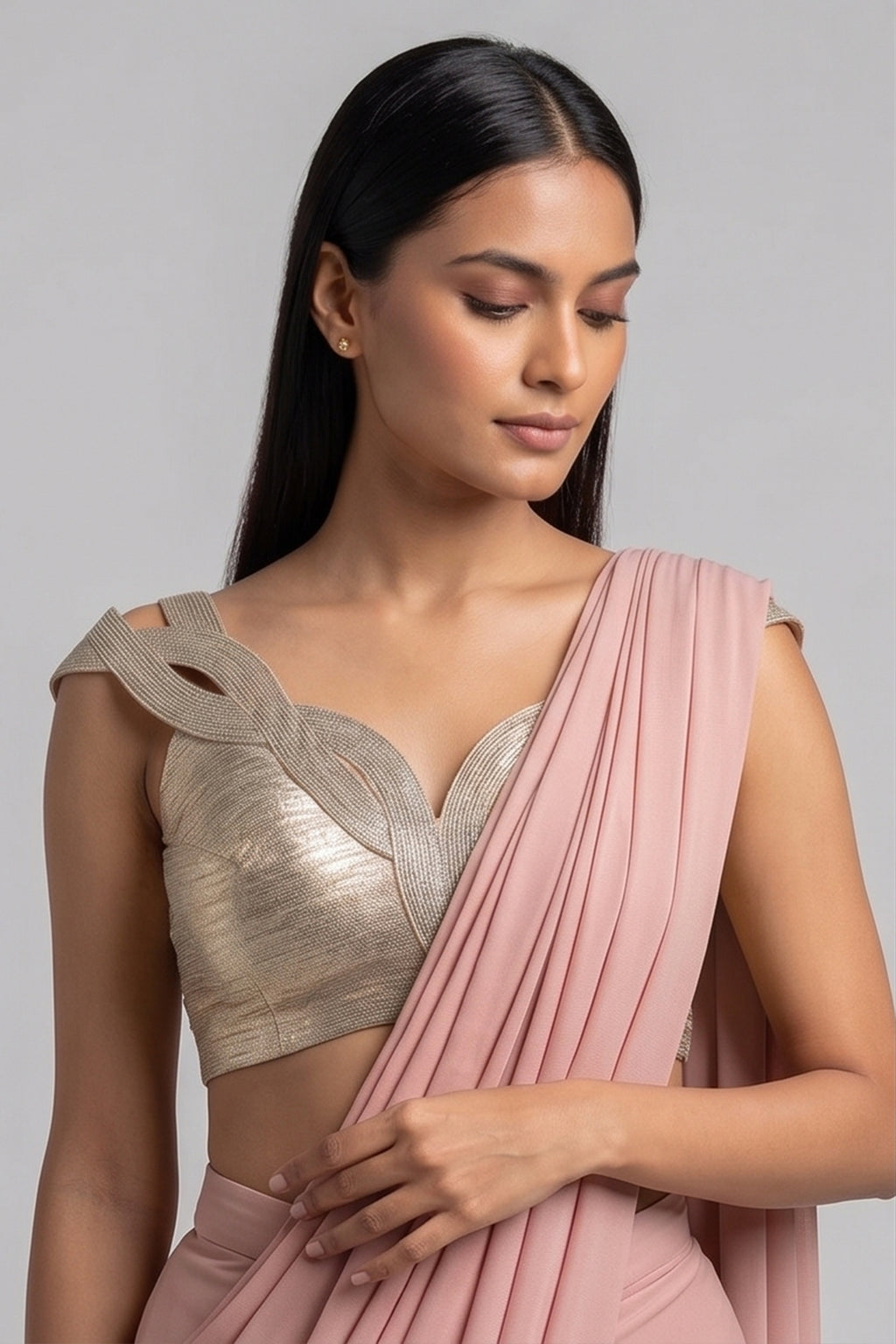 Pink Lycra Net Pre Draped Saree with Structured Blouse