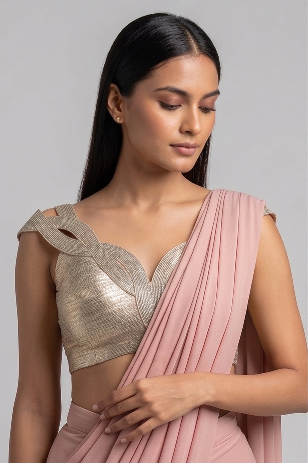 Pink Lycra Net Pre Draped Saree with Structured Blouse