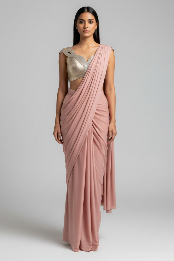 Pink Lycra Net Pre Draped Saree with Structured Blouse