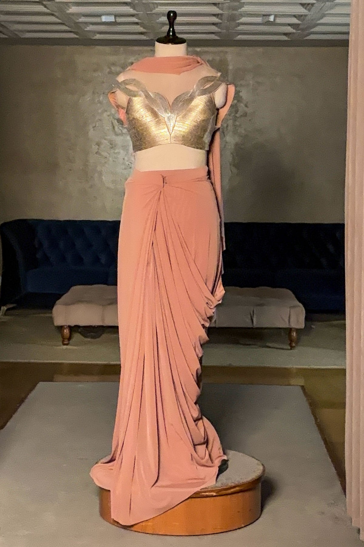 Pink Lycra Net Pre Draped Saree with Structured Blouse