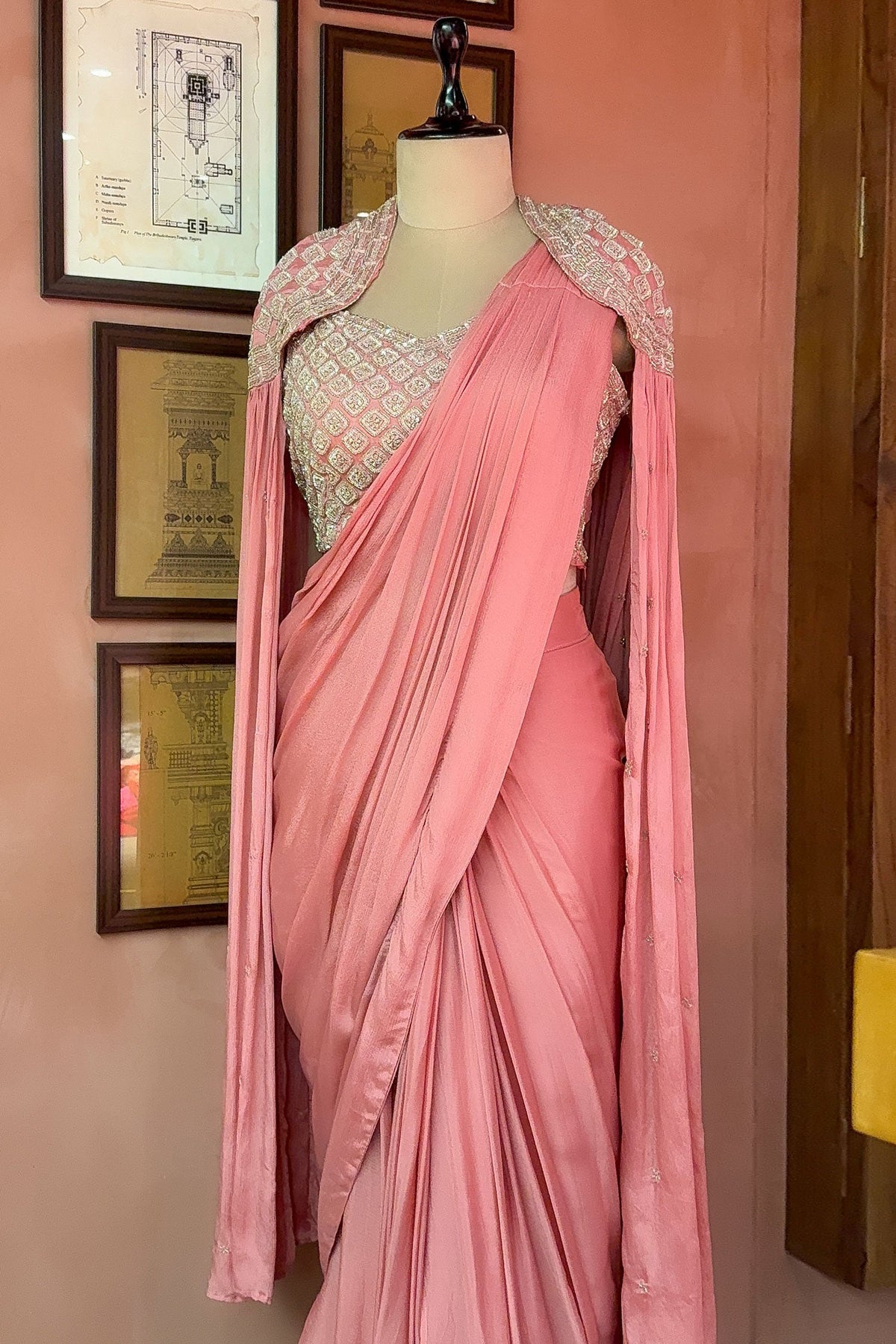 Pink Chinon Silk Sequin Worked Pre Draped Saree with Cape