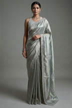 Golden and Silver Tissue Silk Stripe Saree with Sequin and Bead Work