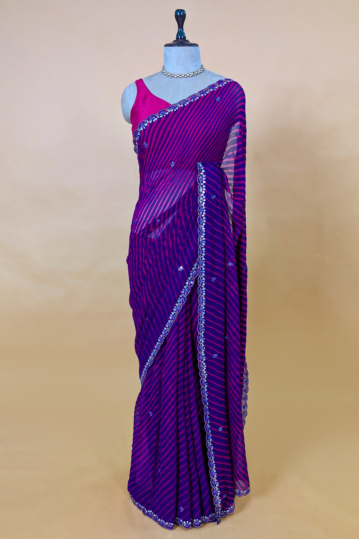 Purple Chiffon Georgette Leheriya Printed Saree with Applique Work