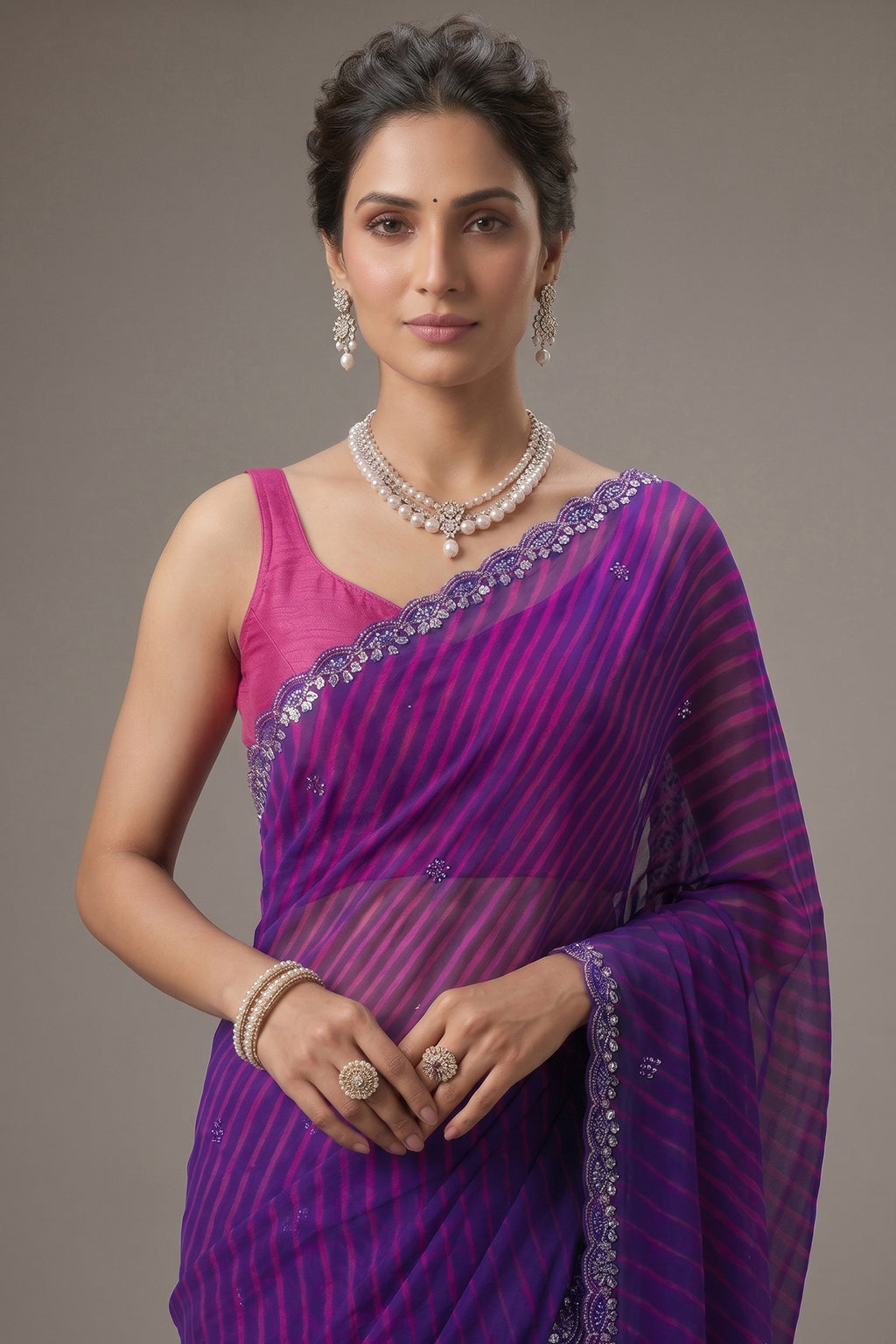 Purple Chiffon Georgette Leheriya Printed Saree with Applique Work