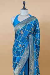 Sky Blue Dola Silk Printed Saree with Embroidery