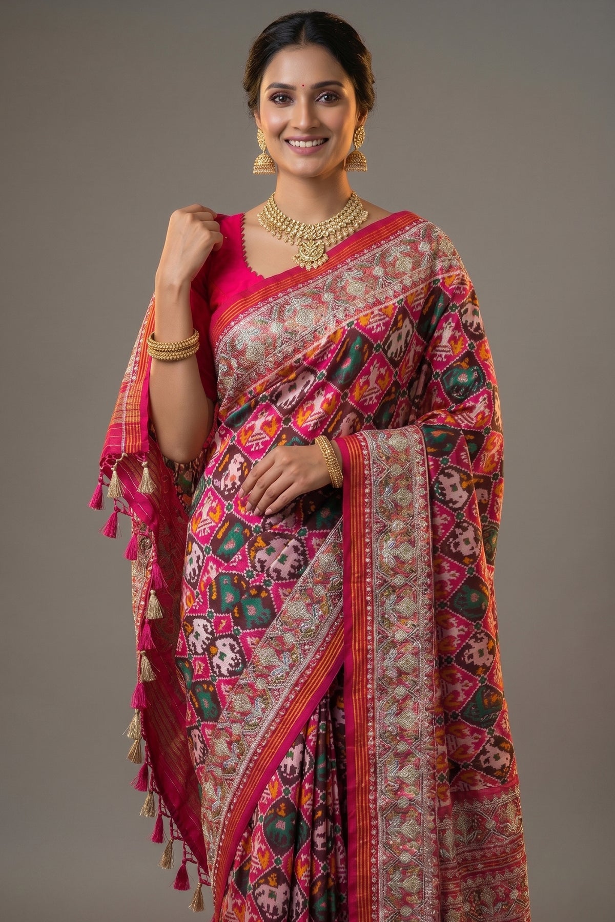 Multi Colored Silk Traditional Checks Patola Saree with Beads and Gota Work