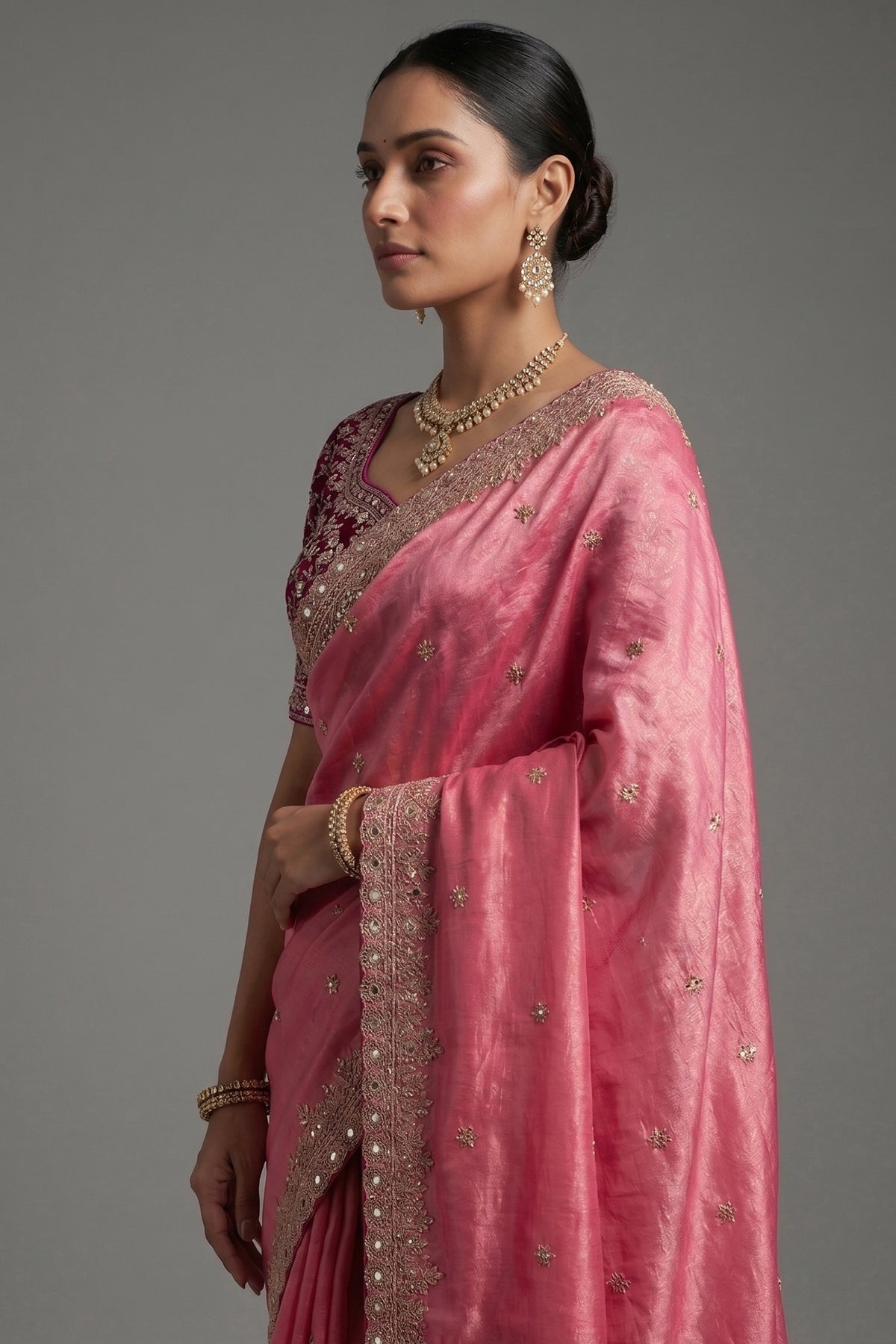 Light Pink Tissue Silk Gota Worked Saree with Readymade Blouse