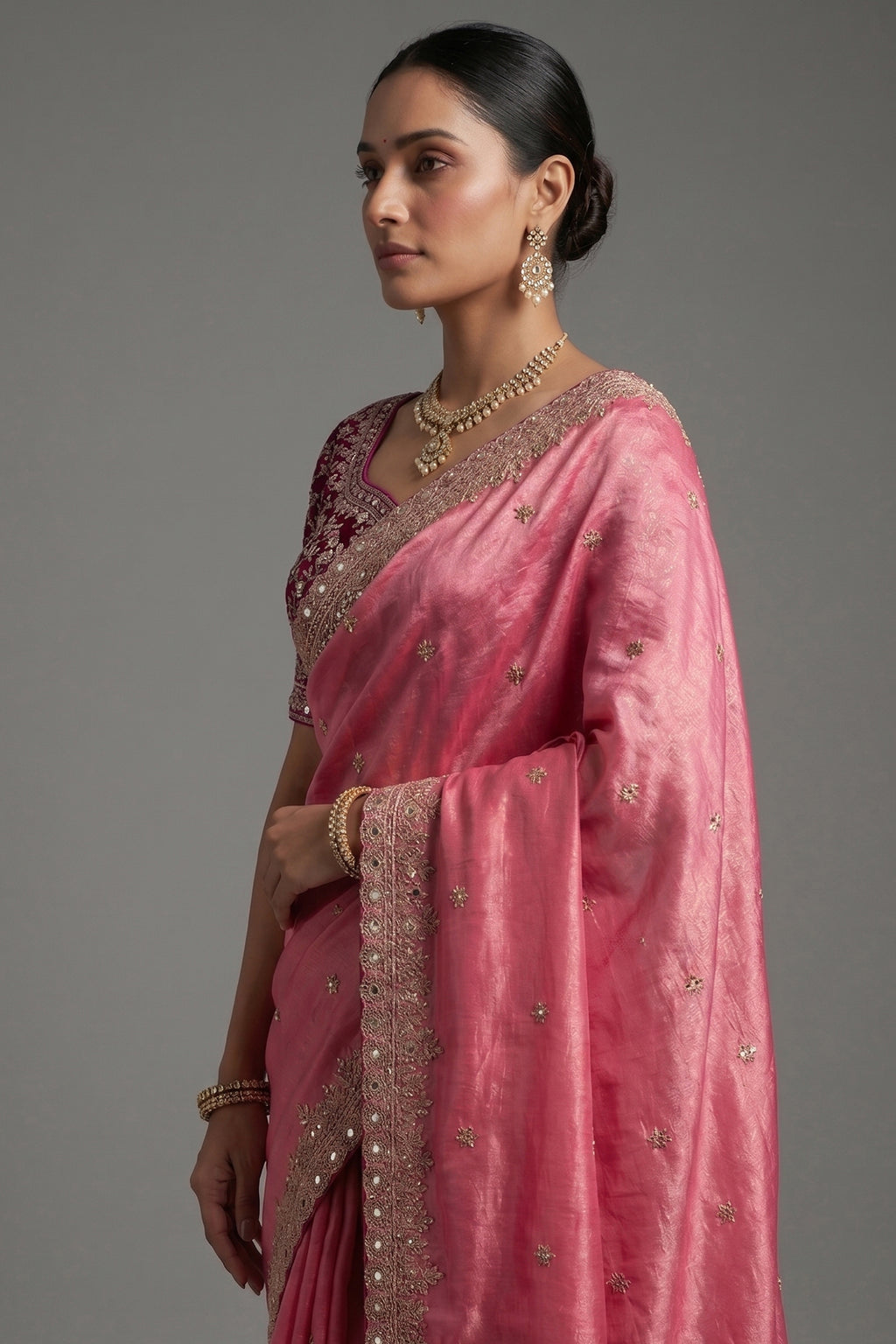 Light Pink Tissue Silk Gota Worked Saree with Readymade Blouse