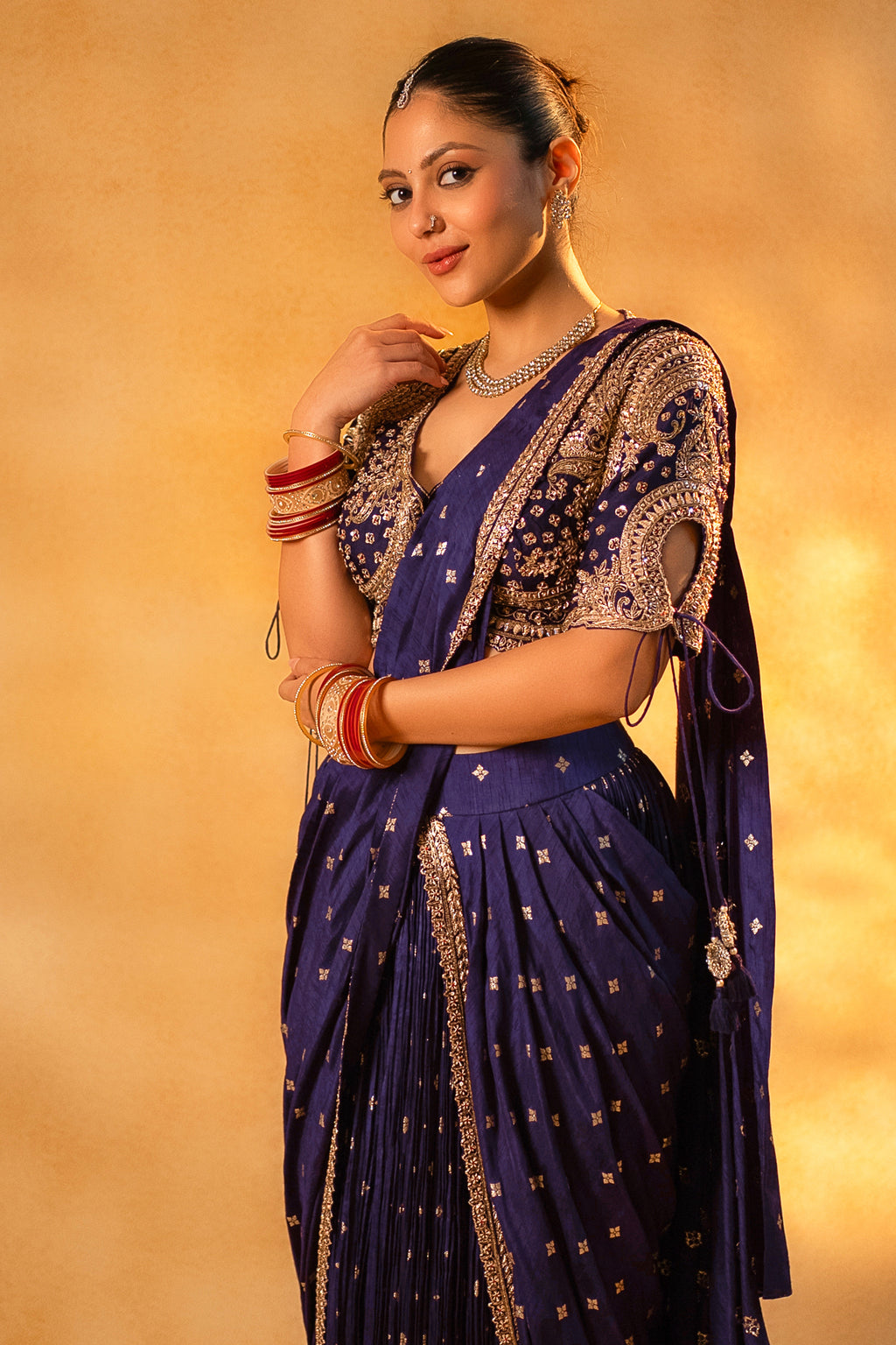 Imperial Plum Purple Raw Silk Pleated Ready to Wear Woven Saree with Designer Readymade Blouse