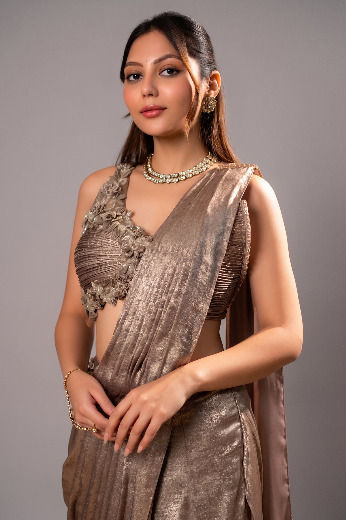 Champagne Beige and Rose Pink Imported Ready to Wear Saree with Designer Blouse
