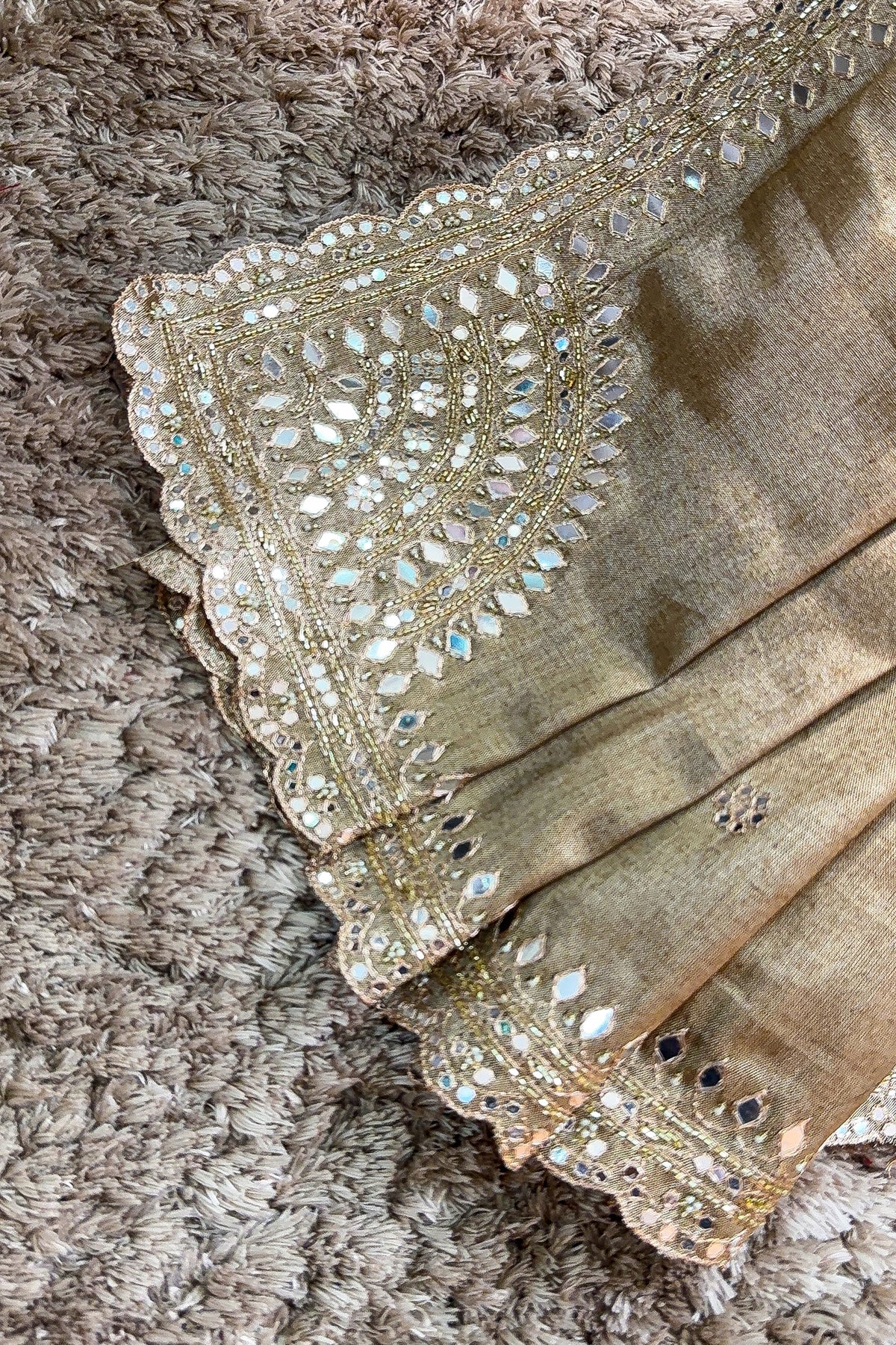 Golden Tissue Silk Mirror Applique and Cutdana Worked Saree with Ajrakh Printed Readymade Blouse